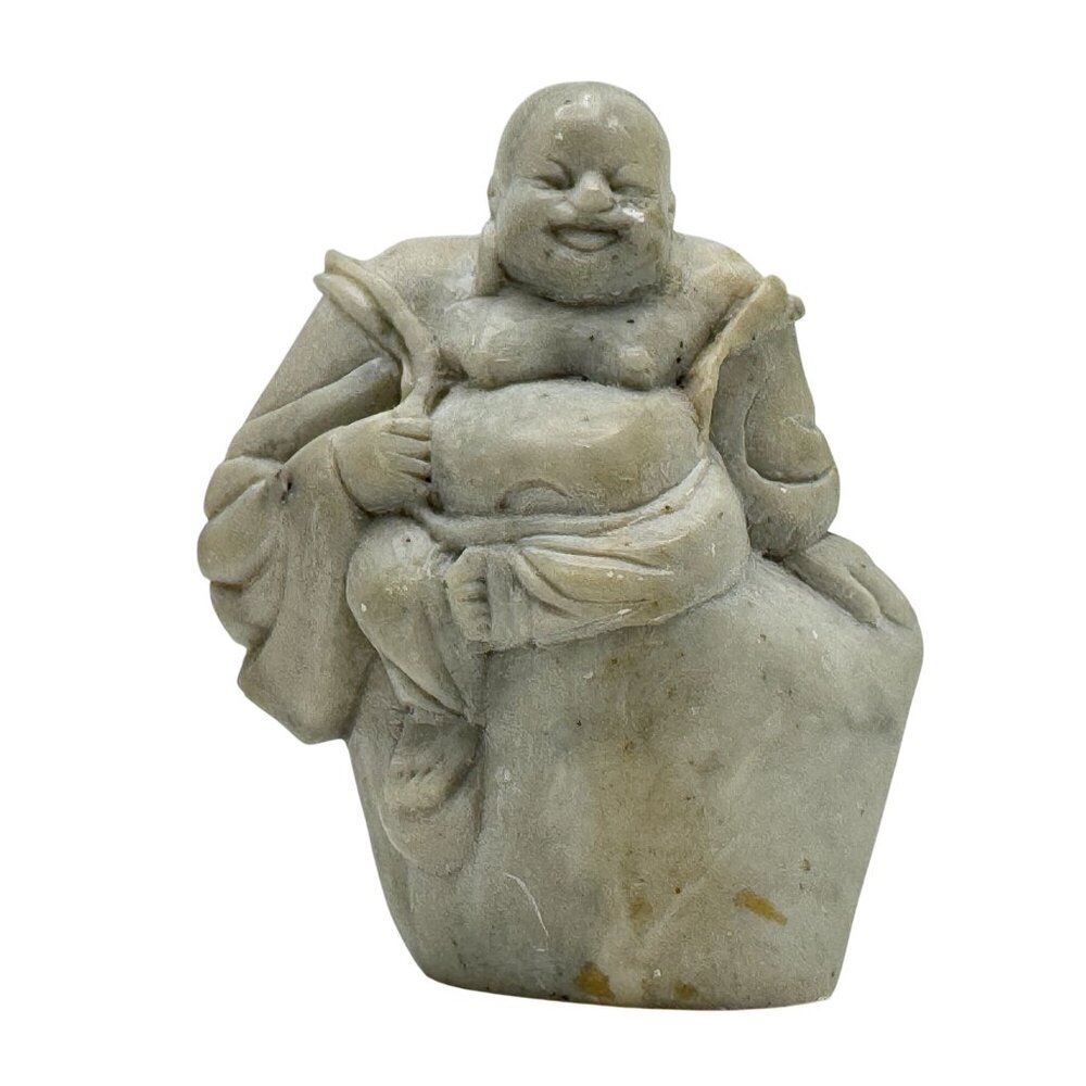 Hand-Carved Marbled Stone Laughing Buddha Figurine Seal Chop 2.5" Tall Vintage